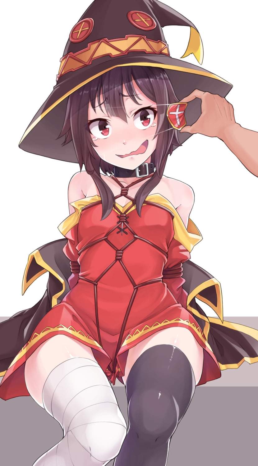 1girls, black hair, bondage, clothed, collar, eye patch, female, green eyes, hat, kono subarashii sekai ni shukufuku wo!, megumin, tears, thighhighs