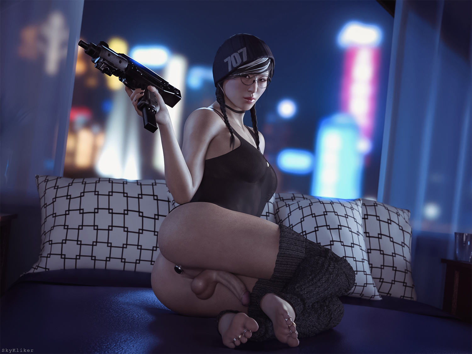 1futa, 3d, anal object insertion, anal plug, asian futa, ass, bad trigger discipline, balls, beanie, breasts, buttplug, clothed, clothing, cock-tail, dokkaebi (rainbow six), feet, futa only, futa sans pussy, futanari, glasses, gun, human, intersex, legwear, light skin, light-skinned futa, pale skin, partially clothed, penis, perineum, rainbow six, rainbow six siege, skykliker, solo, tank top, testicles, toe ring, toenail polish, tom clancy, twintails