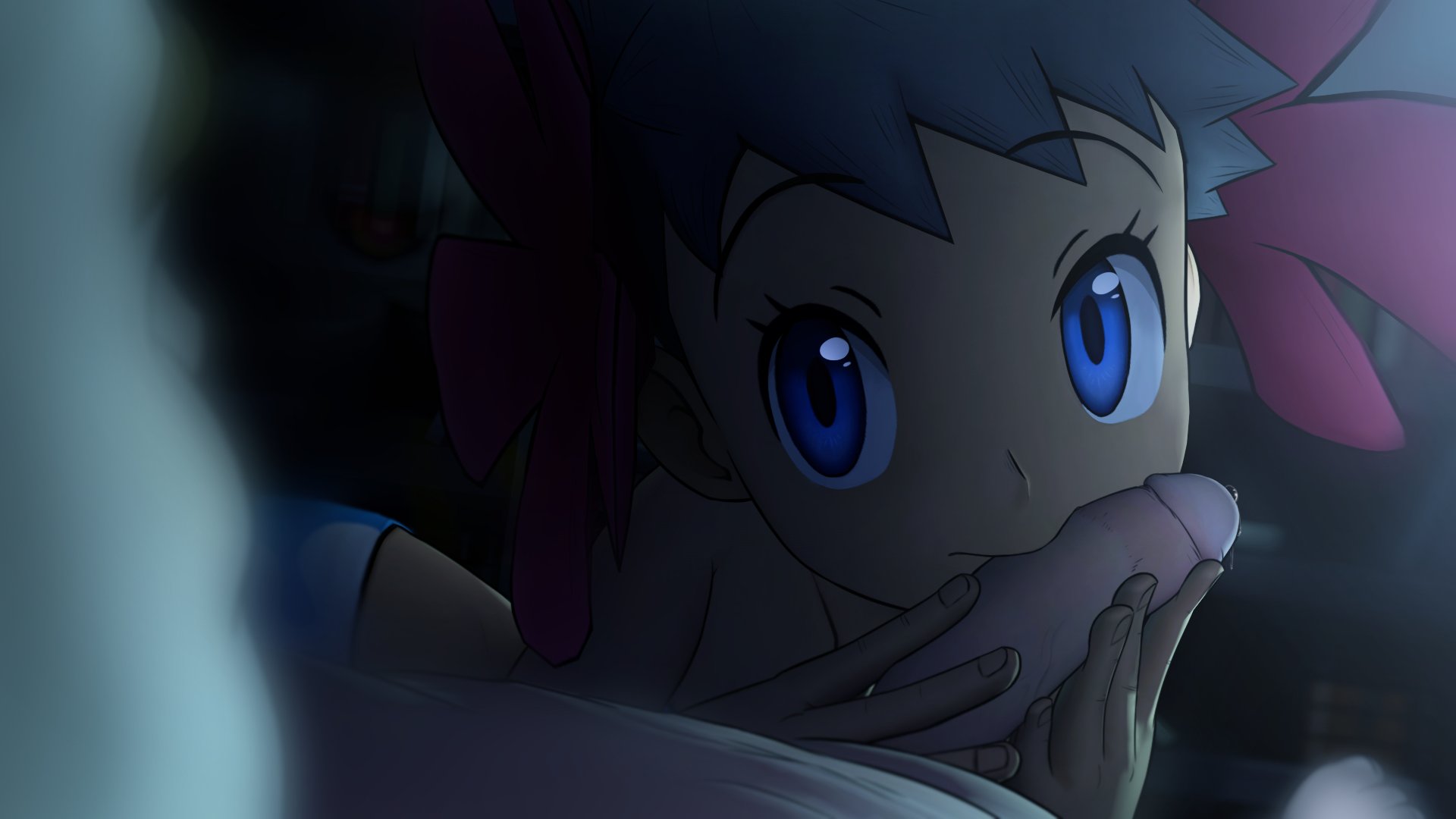 1boy, 1girls, 3d, black hair, black-haired female, brendan (pokemon), elite four, erection, fellatio, female, greatm8, human, male, nintendo, oral, penis, phoebe (pokemon), pokemon, pov, source filmmaker