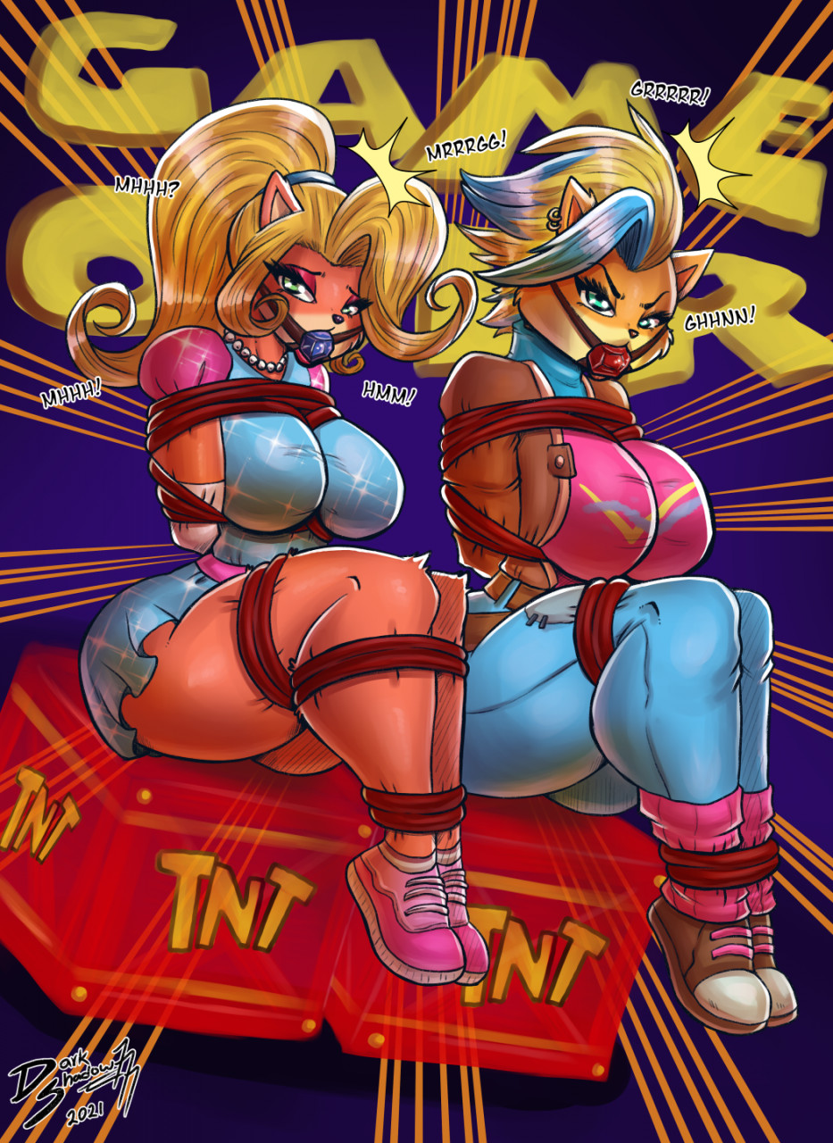 2girls angry ball_gag bondage breast_squeeze breasts clothed coco_bandicoot crash_(series) darkshadow777 female furry gag gagged large_breasts legs peril pirate_tawna rope_bondage tawna_bandicoot tawna_bandicoot_(crash_4) thick_thighs tied_up tnt tnt_crate trapped