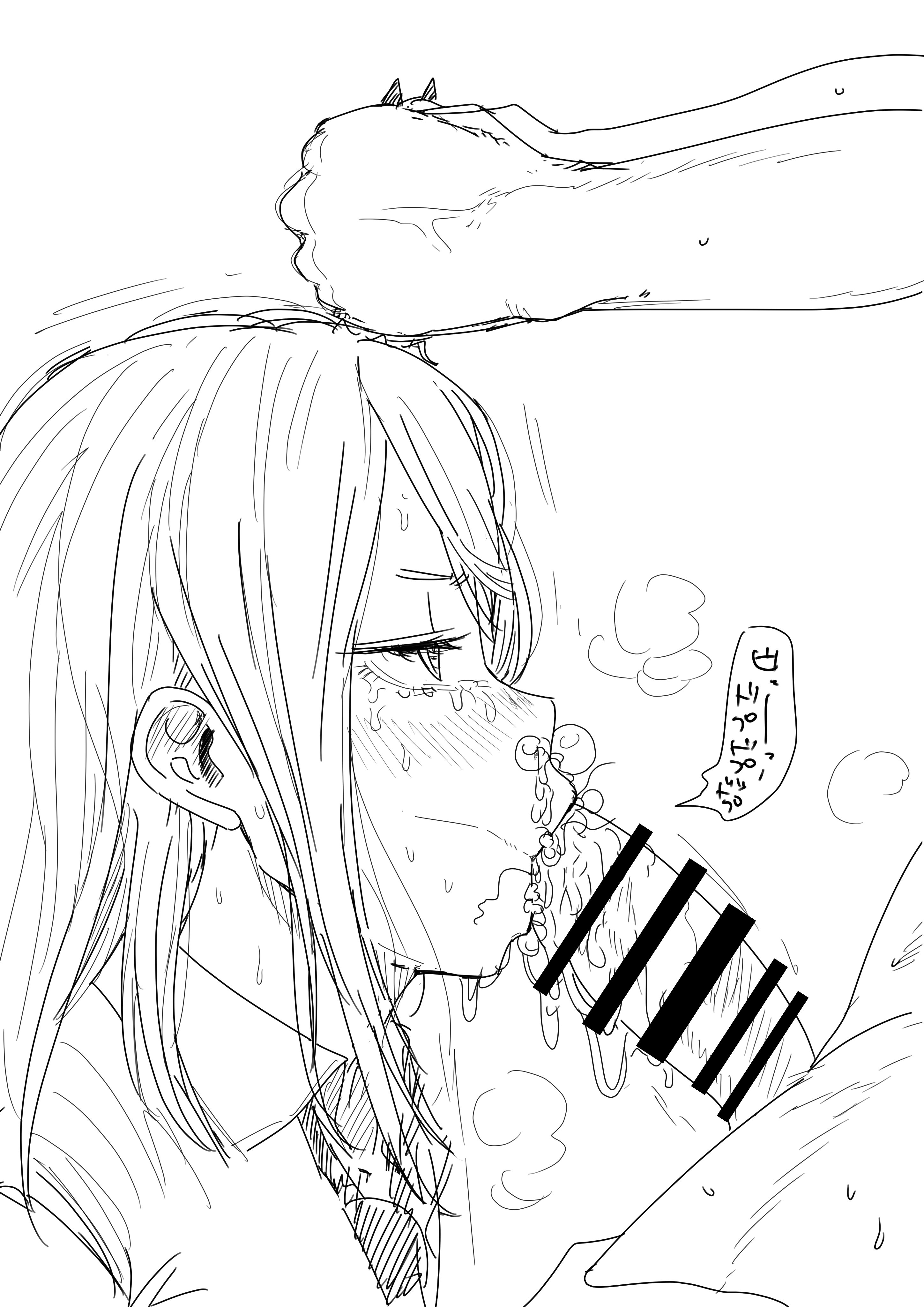 1boy, 1girls, black and white, blush, button down shirt, censor bar, censored, censored penis, chainsaw man, cum, cum in mouth, cum inside, cum out nose, demon, demon girl, fellatio, female, gokkun, grabbing horns, hair grab, handlebars, horn grab, irrumatio, japanese text, kaiman (artist), kaiman garupan, long hair, male, monochrome, muscular, muscular male, oni horns, oral, oral penetration, oral rape, penis, power (chainsaw man), pubic hair, stray pubic hair, sweat, tears, text, tie