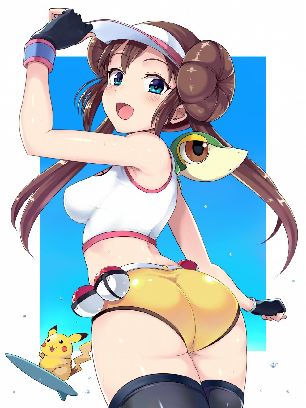 :3 :d ass brown_hair kasai_shin looking_at_viewer nintendo pikachu pokeball pokemon pokemon_(species) pokemon_bw2 rosa_(pokemon) sideboob snivy surfing thick_thighs thighs tight_clothing visor_cap