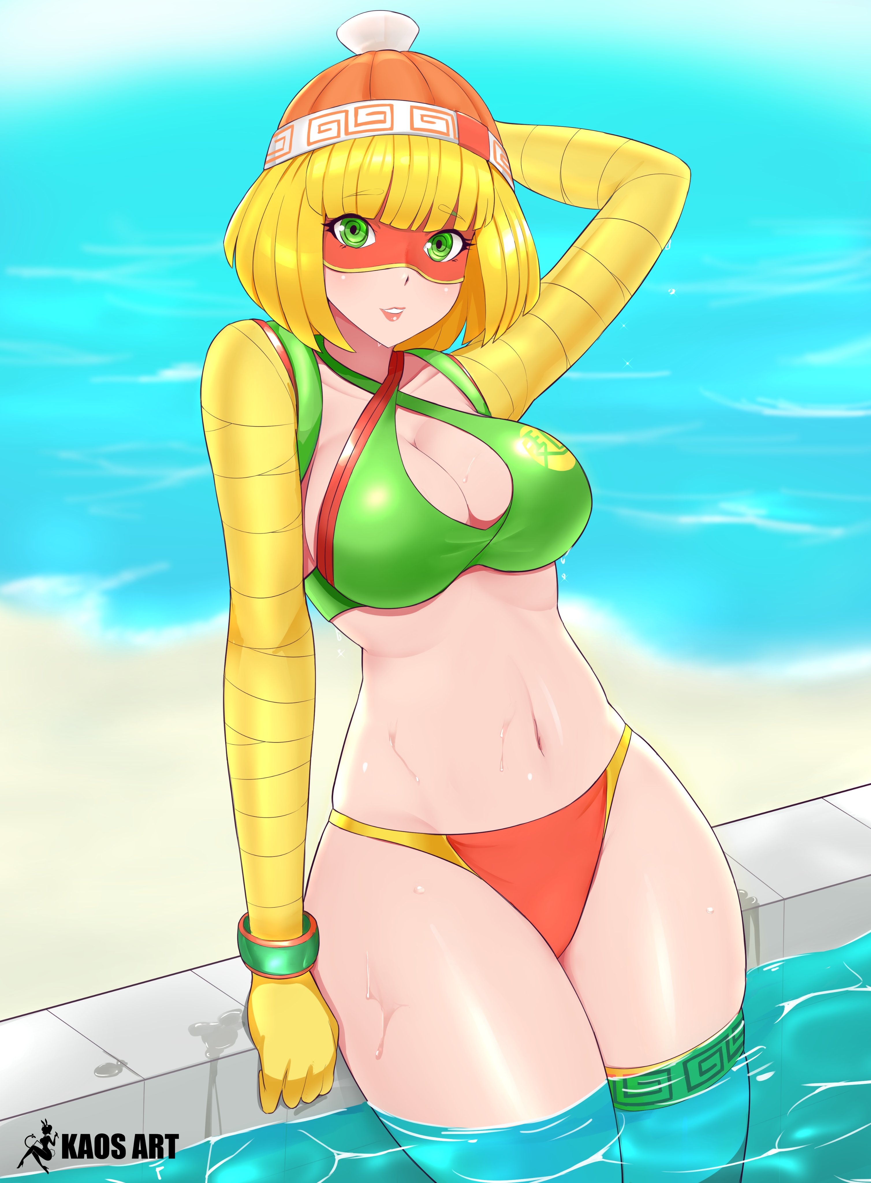 1girls, arm gloves, arms (game), beach, belly, belly button, big breasts, bikini, blonde hair, bob cut, breasts, busty, cleavage, clothing, female, female only, green eyes, hat, hips, hourglass figure, humanoid, kaos art, large breasts, lipstick, looking at viewer, min min (arms), navel, nintendo, ocean, outdoors, outside, pool, pose, posing, sand, shiny skin, short hair, solo, solo female, swimsuit, thick, thick thighs, thighs, voluptuous, water, white skin, wide hips