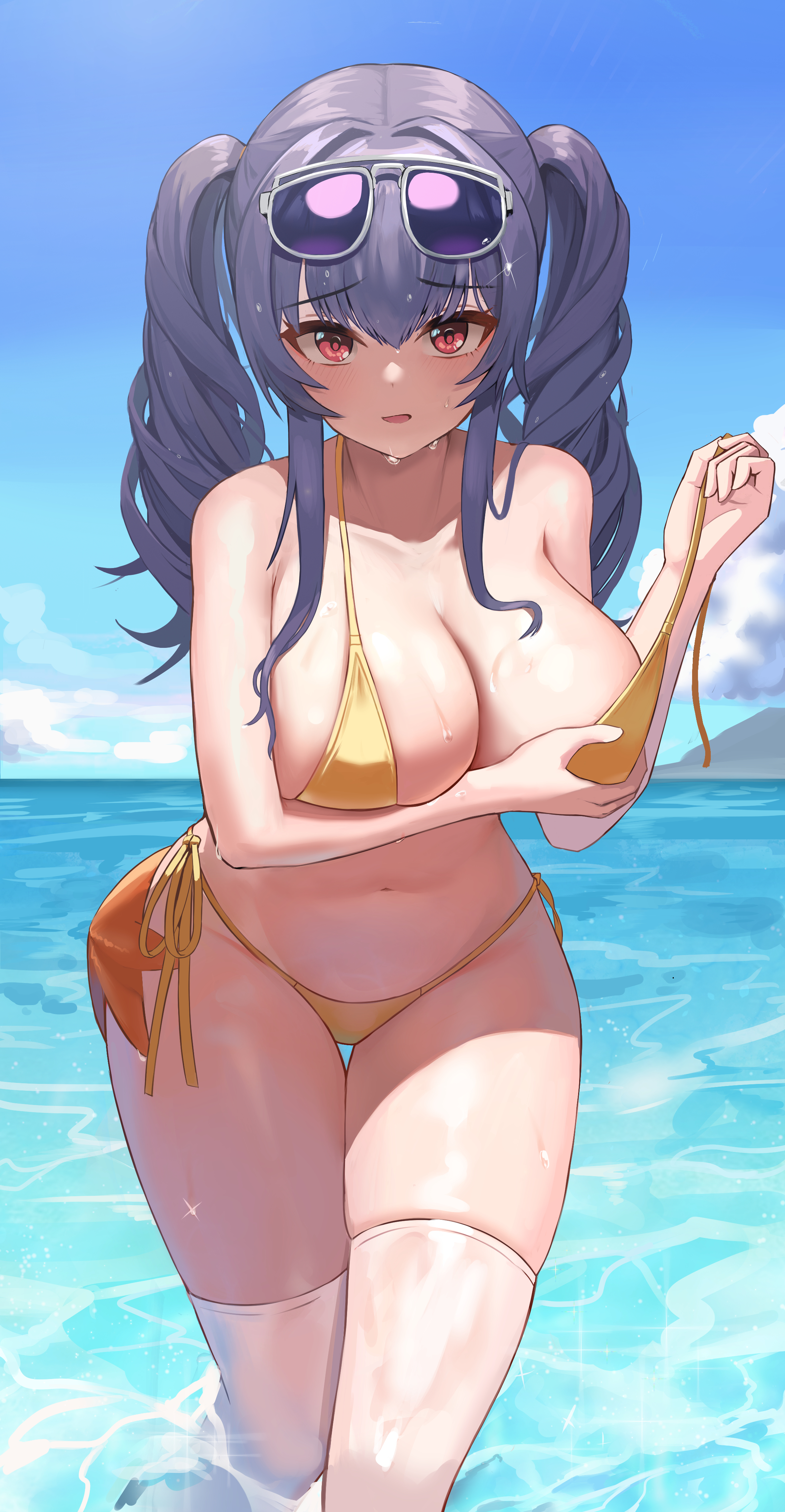 1girls, 2021, arm under breasts, armpit crease, azur lane, bangs, barely contained, bikini, blue hair, blue sky, blush, blushing at viewer, breast hold, breasts, cleavage, detailed background, embarrassed, eyebrows visible through hair, eyewear on head, female, female focus, female only, hair between eyes, hand on own breast, hi res, hips, hourglass figure, large breasts, leaning forward, long hair, looking at viewer, nervous, onedoo, outdoors, pola (azur lane), pola (seaside coincidence) (azur lane), purple hair, red eyes, shiny skin, side-tie bikini, slim waist, solo, standing, starfish, string bikini, sunglasses, sunglasses on head, sunlight, sweat, sweatdrop, swimsuit, thick thighs, thigh gap, thighhighs, thighs, twintails, undressing, wardrobe malfunction, water, wet, white thighhighs, wide hips, yellow bikini