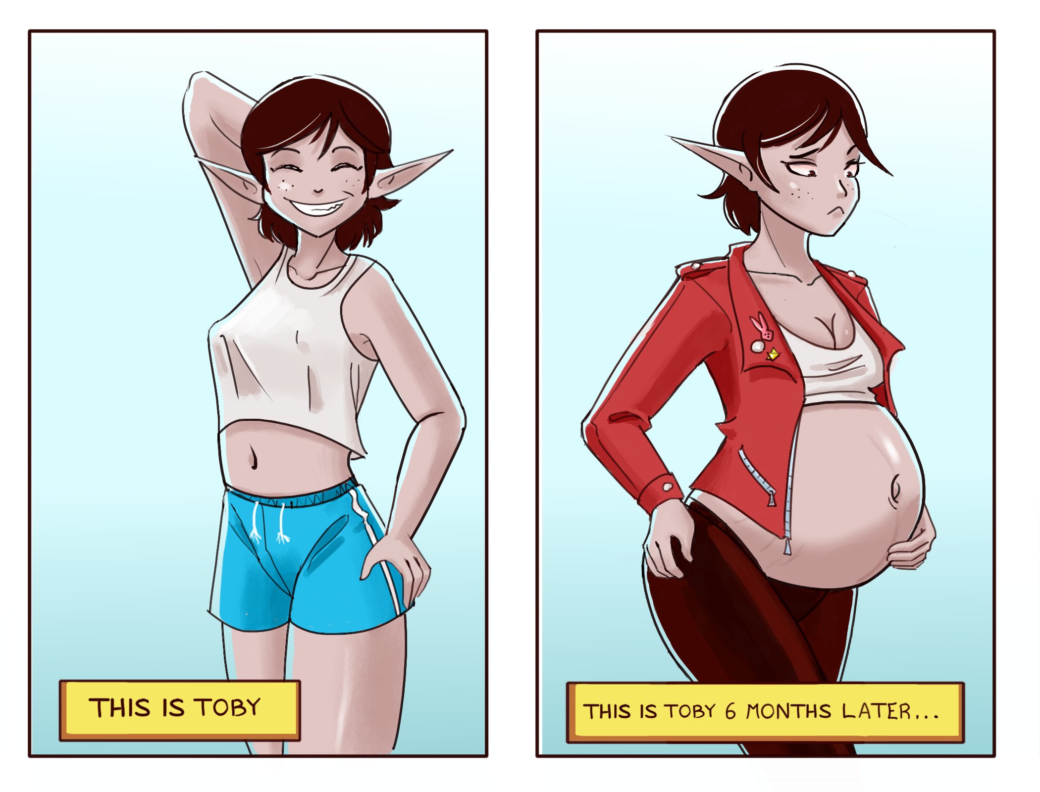 1girls, before and during pregnancy, big belly, bloated, brown eyes, brown hair, cleavage, clothed, elf, elf ears, female, female only, freckles, jacket, linea nigra, navel, original character, pants, pointy ears, preggosteggo, pregnant, progression, short black hair, short hair, shorts, solo, solo focus, stretch marks, tank top, text, tight clothing, tomboy