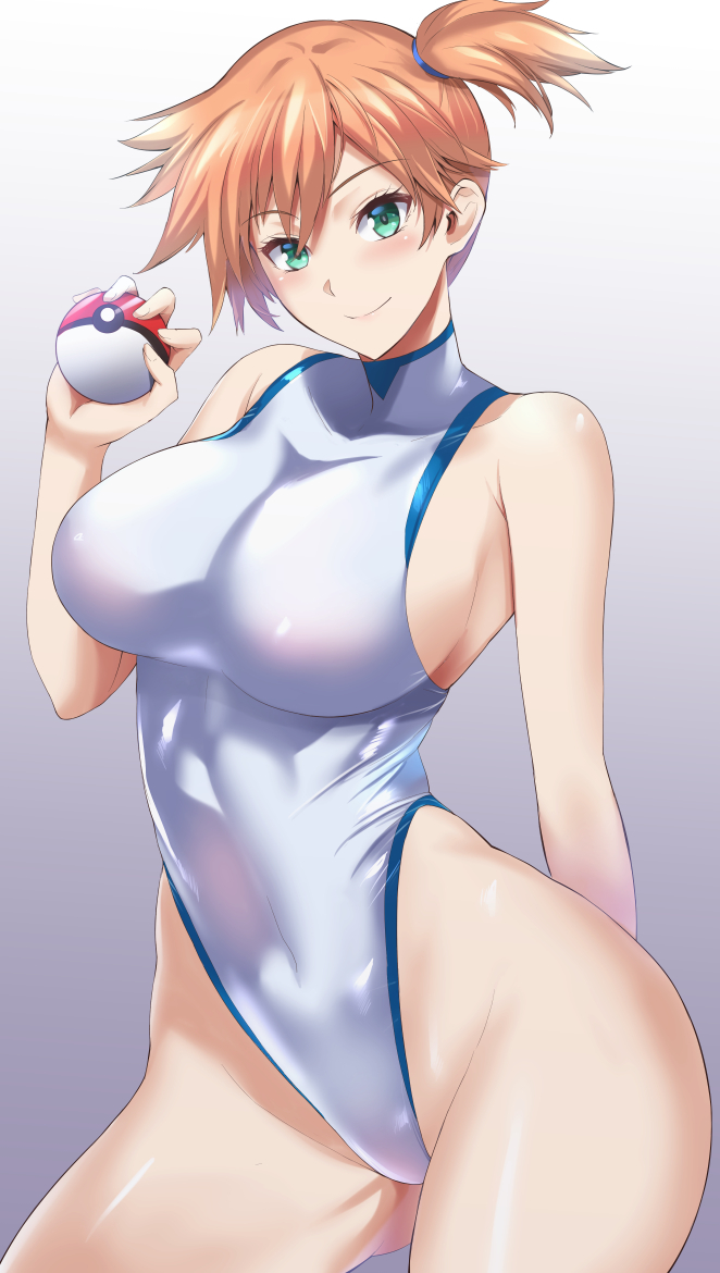 2021 adapted_costume alternate_breast_size asymmetrical_hair bare_legs blush breasts cowboy_shot female female_only female_solo green_eyes hips huge_breasts kasumi_(pokemon) kumakichi_(cost-lost) large_breasts legs legs_together misty_(pokemon) navel nintendo nipples one-piece_swimsuit one_eye_closed orange_hair partially_visible_areolae pokemon pokemon_gsc pokemon_hgss pokemon_rgby ponytail red_hair short_hair side_ponytail smile solo swimsuit thick_thighs thighs tied_hair tight_clothes tight_swimsuit white_background white_swimsuit wide_hips