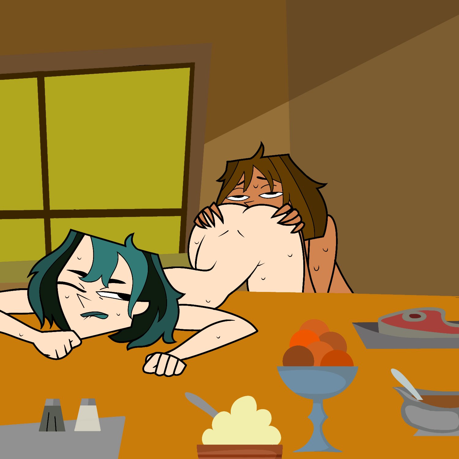 2girls, anilingus, ass, bent over, bent over table, biting lip, black hair, brown hair, cartoon network, cottndandy, cottondandy, courtney (tdi), cunnilingus, dark skin, dark-skinned female, female, green hair, gwen (tdi), inside, light skin, light-skinned female, multiple females, multiple girls, naked, nude, rimjob, rimming, sweaty, table, total drama island, yuri