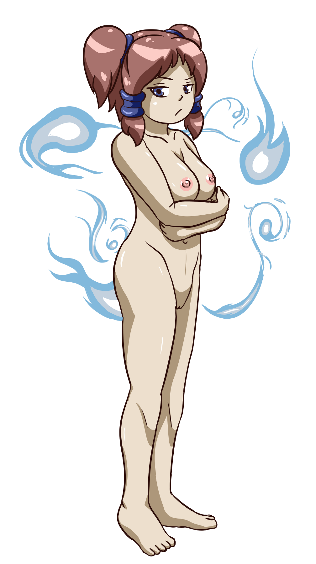 annoyed bethany_(the_binding_of_isaac) blue_eyes blue_fire breasts brown_hair digital_media_(artwork) female female_only hair_ornament human light_skin looking_at_viewer medium_breasts naked nipples pussy_peek sidelocks standing the_binding_of_isaac transparent_background twintails unknownlewder wisp