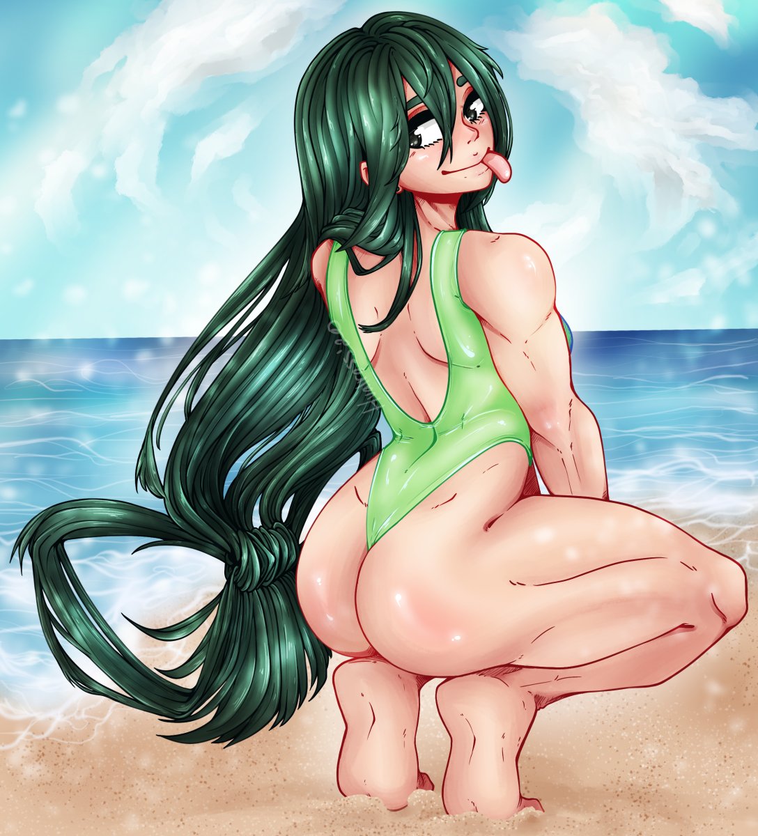 1girls, ass, ass cheeks, beach, female, female focus, female only, froppy, green hair, hvalross, long hair, looking over shoulder, my hero academia, one-piece swimsuit, sand, seaside, solo, solo female, squatting, swimsuit, toned, toned female, tongue, tongue out, tsuyu asui