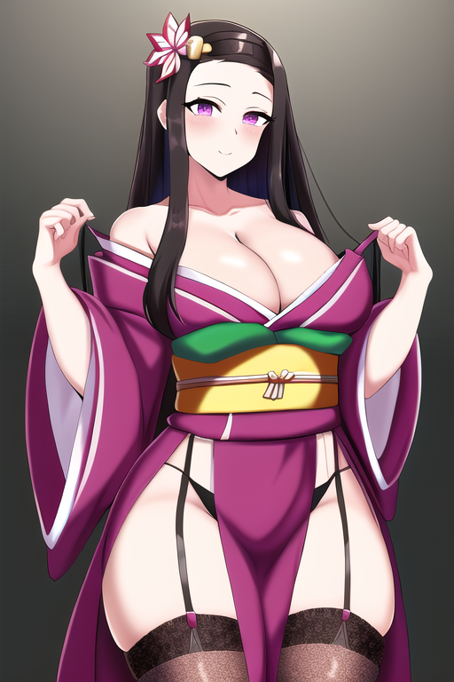 1girls aged_up ai_generated black_panties breasts brown_hair cleavage demon_slayer female female_only flower_in_hair garter_straps gradient_background grey_background highres kamado_nezuko kimetsu_no_yaiba kimono large_breasts long_hair nai_diffusion panties pink_eyes rubycks smiling solo solo_female thick_thighs thighs undressing