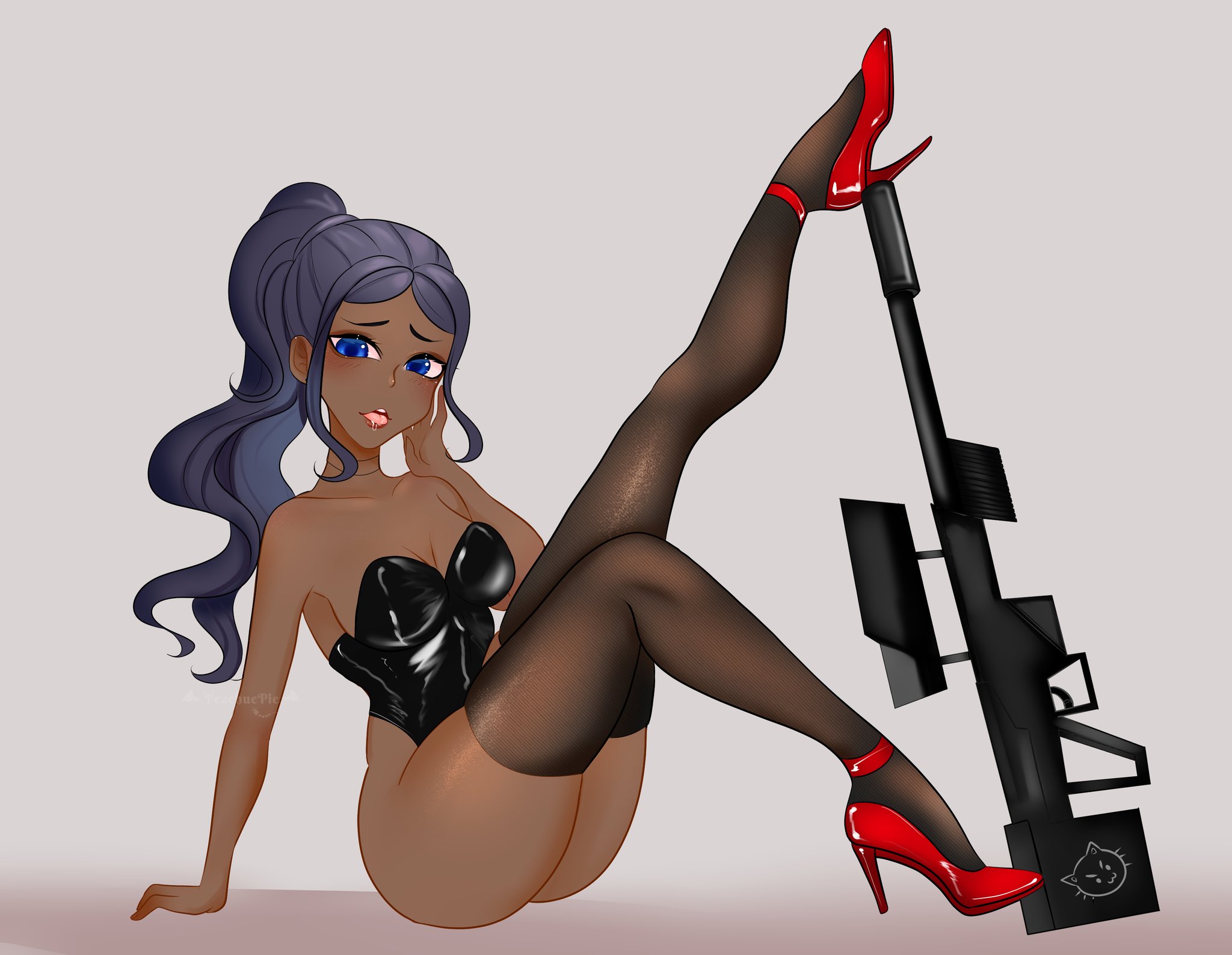 1girls, black hair, black leotard, black stockings, blue eyes, blue hair, breasts, bunnyph0bic, cleavage, clothed, collarbone, dark skin, dark-skinned female, female, female only, footwear, gun, high heels, leotard, long hair, looking at viewer, medium breasts, open mouth, ponytail, red footwear, red heels, red high heels, roblox, roblox avatar, saliva, saliva drip, see-through, see-through legwear, simple background, sitting, sniper rifle, solo, solo female, stockings, tan, thighhighs, thighs, tongue, unknown character, watermark, weapon