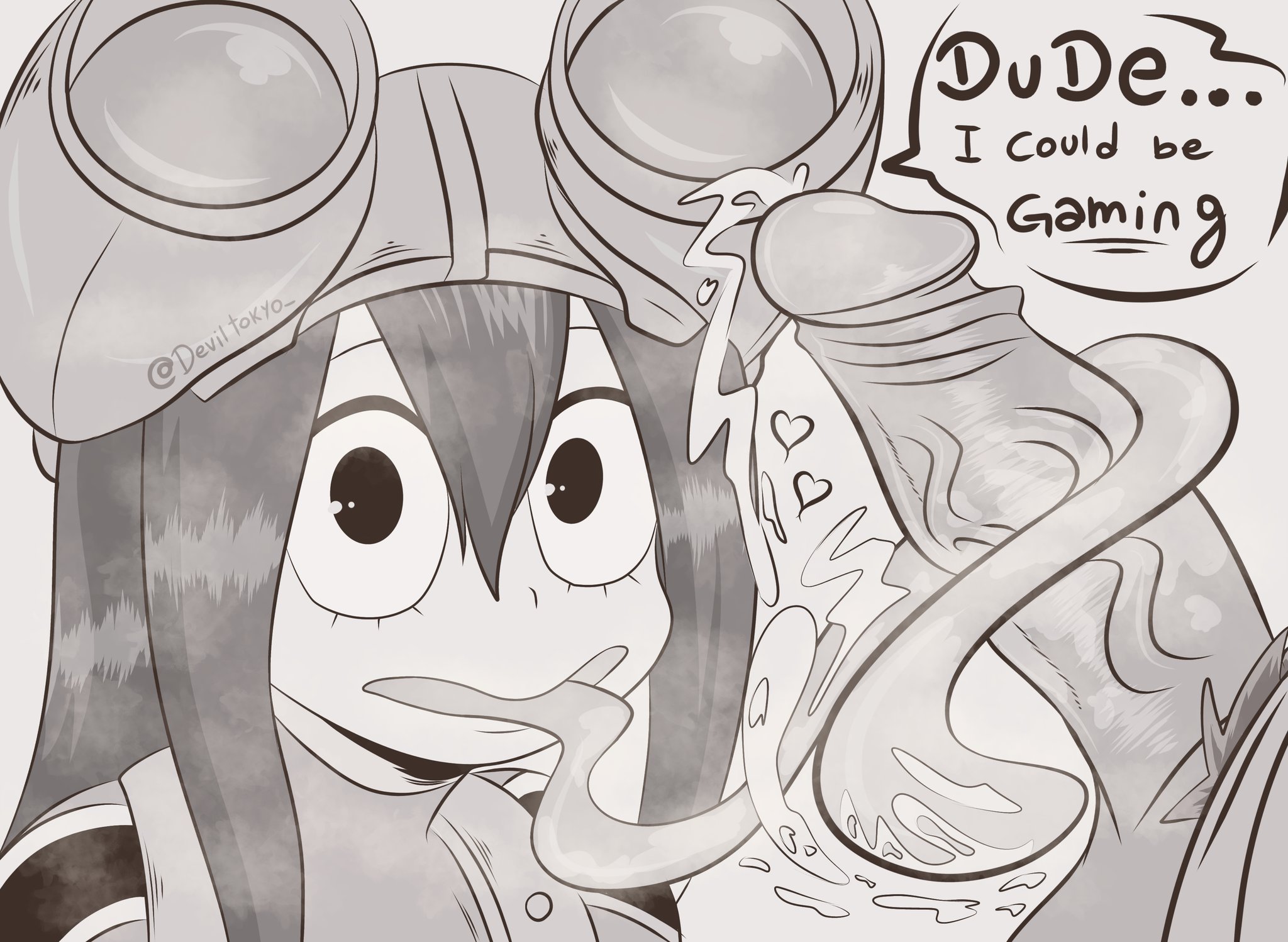 1boy, 1girls, black and white, bored, clothed, cum, cum on tongue, deviltokyo, female, female focus, gamer girl, hero outfit (mha), large penis, long hair, long tongue, looking at viewer, male, monochrome, my hero academia, oral, partial male, penis, prehensile tongue, solo focus, speech bubble, straight, text, tongue, tongue out, tonguejob, tsuyu asui, uninterested, veiny penis
