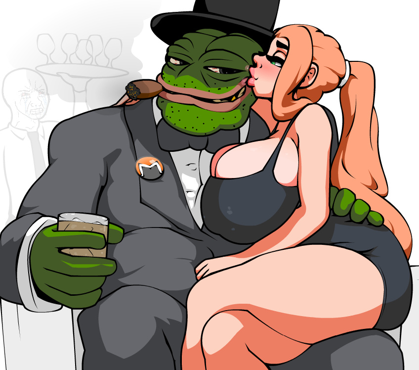 bimbo black_dress brown_hair cigar cleavage dress drink frog gigantic_breasts huge_ass huge_breasts human interspecies kiss kiss_on_cheek kissing long_hair monero-chan pepe pepe_the_frog scolexxx short_dress skimpy_clothes thick_lips thick_thighs voluptuous wojak