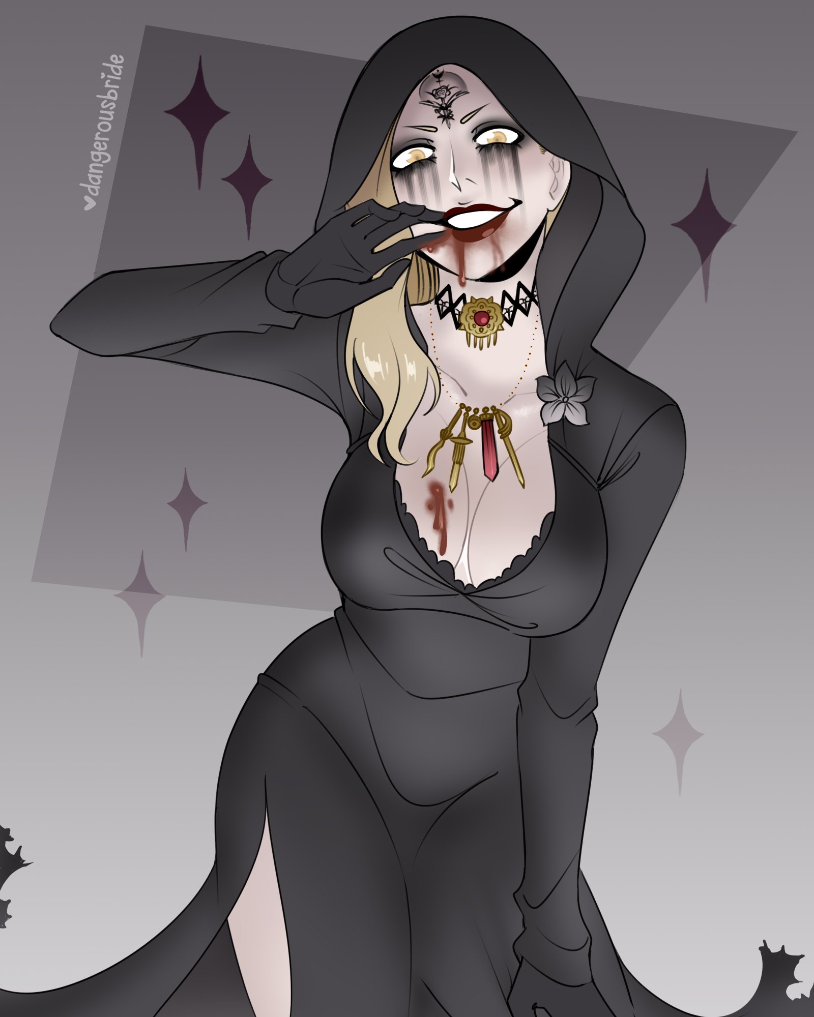1girls, bela (resident evil), blonde hair, blood, capcom, cleavage, dangerousbride, female, female only, forehead mark, gloves, hi res, hood, looking at viewer, makeup, necklace, red lipstick, resident evil, resident evil 8: village, ruined makeup, smile, solo, solo female, teeth showing, vampire, yellow eyes