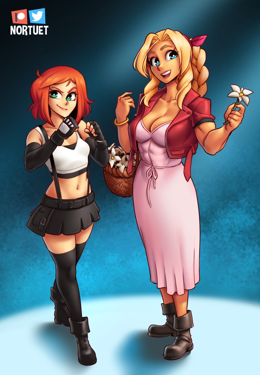 2girls aerith_gainsborough_(cosplay) beverly_(nortuet) big_breasts blonde_hair blue_eyes breasts cleavage clothed clothing cosplay female_focus female_only final_fantasy final_fantasy_vii green_eyes long_hair looking_at_viewer medium_hair muscular muscular_female nortuet nortuet_universe open_mouth original pose red_hair revealing_clothes simple_background small_breasts smile tara_(nortuet) tifa_lockhart_(cosplay)