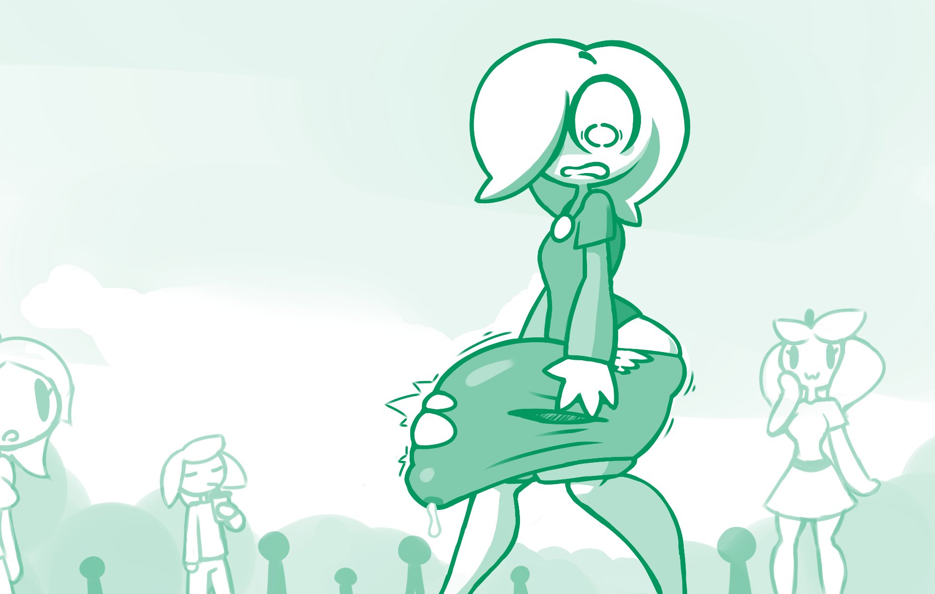 :3, 2019, accidental erection, accidental exposure, anthro, background characters, big bulge, bulge, clothed, clothes, clothing, cum, cum through clothes, embarrassed, erection, fear, flora fauna, getting erect, green theme, greyscale, hyper, hyper penis, imminent exposure, looking down, male, monochrome, nervous, oc, oliver (screwroot), open mouth, original character, pants destruction, penis, penis under clothes, public, ripping clothing, screwroot, simple background, small but hung, unwanted erection, voyeur, wardrobe malfunction