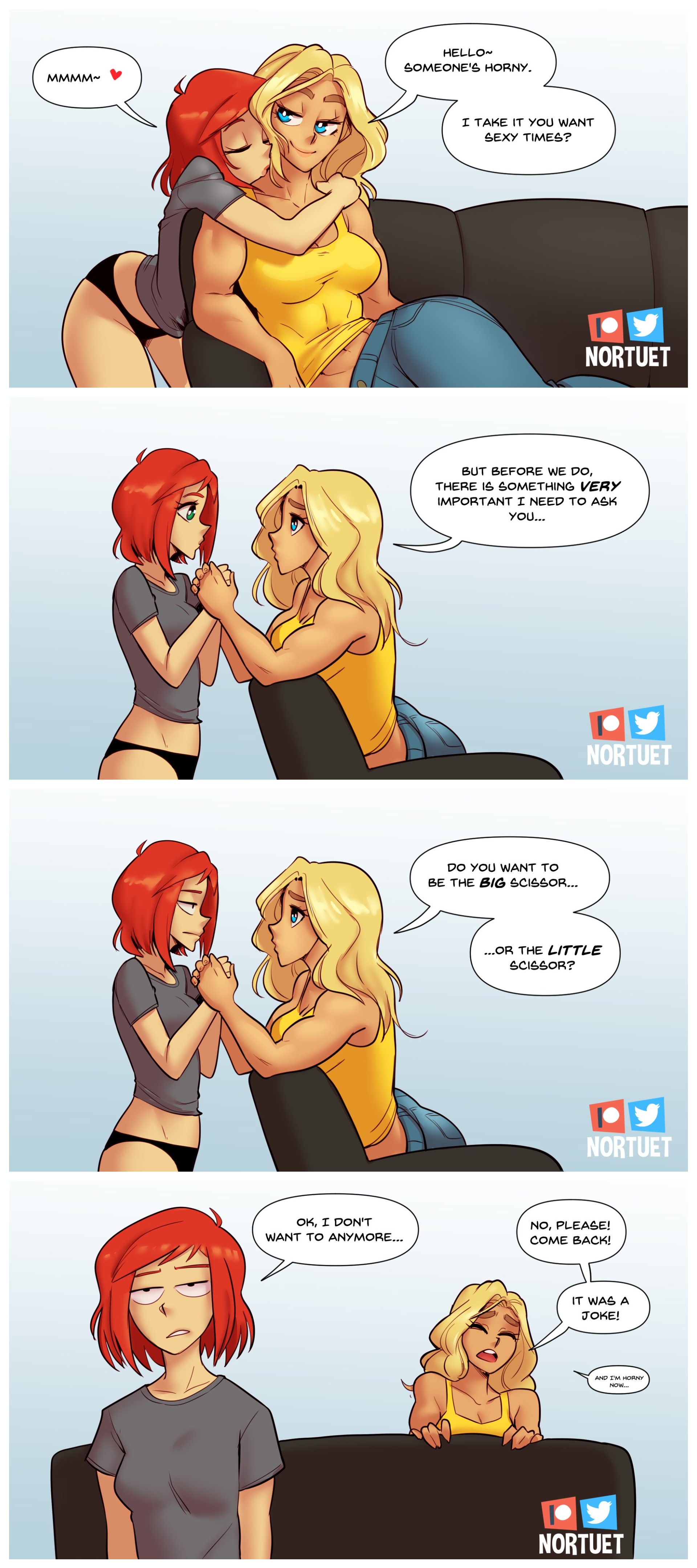 2girls, assertive female, beverly galanis-hill, big breasts, blonde hair, blue eyes, breasts, cleavage, clothed, clothing, comic, english text, female, female focus, female only, green eyes, half-dressed, happy female, hugging, humor, kissing neck, lesbian, lesbians, medium hair, multiple females, multiple girls, nortuet, nortuet universe, original, panties, red hair, revealing clothes, simple background, small breasts, smile, tara ryan, text, unhappy female, yuri