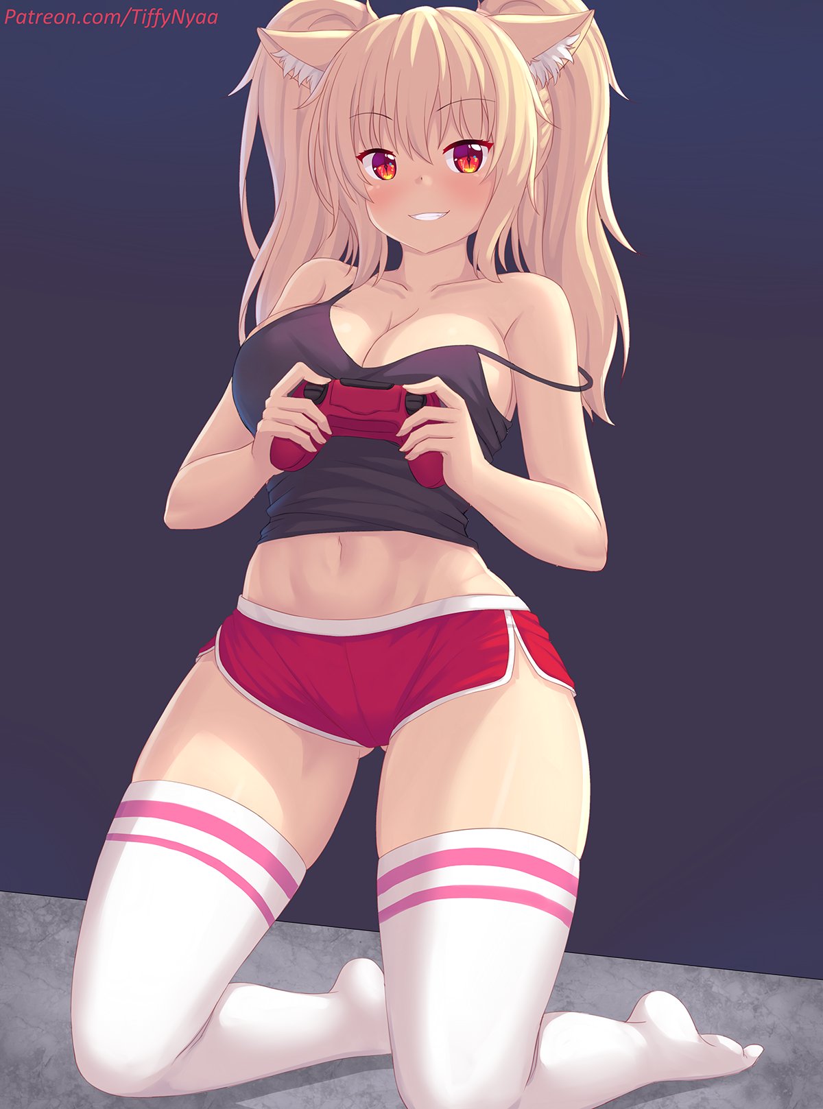 1girls, animal ears, blonde hair, blush, breasts, clothed, clothed female, collarbone, eyebrows visible through hair, female, female only, fox ears, fox girl, game controller, kneeling, large breasts, looking at viewer, navel, original, red eyes, short shorts, shorts, strap slip, tagme, tail, tank top, thick thighs, thighhigh socks, thighhighs, tiffy, tiffynyaa, twintails