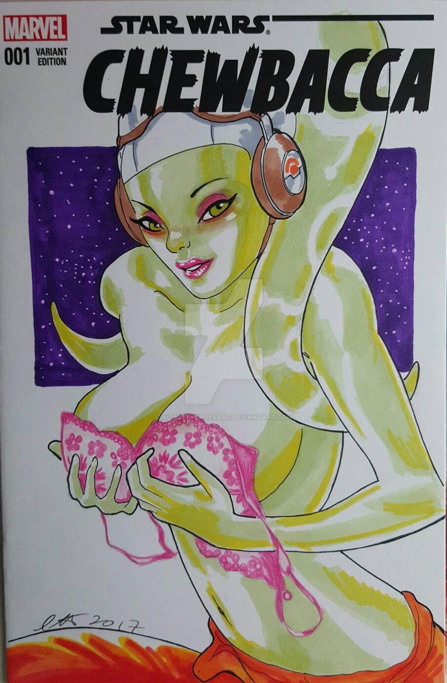 1girls almostheroesart big_breasts blush bra breasts cleavage clothing english_text female_focus female_only green_eyes half-dressed hera_syndulla looking_at_viewer simple_background smile solo star_wars star_wars_rebels text twi'lek undressing