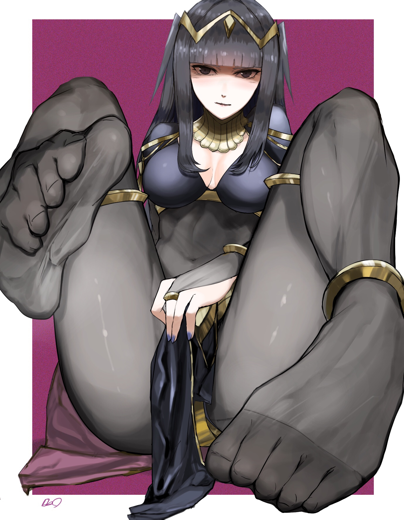 1girls, 2021, abs, barefoot, belly, belly button, bodystocking, bodysuit, bracelet, breasts, bridal gauntlets, cape, capelet, cleavage, cloak, eyes in shadow, feet, female, female only, fire emblem, fire emblem awakening, foot fetish, foot focus, full body, goth, hi res, high resolution, highres, jewelry, kataku musou, legs, long hair, looking at viewer, navel, nintendo, no shoes, purple background, simple background, sitting, soles, solo, tharja (fire emblem), thick thighs, thighs, tiara, toes, white background