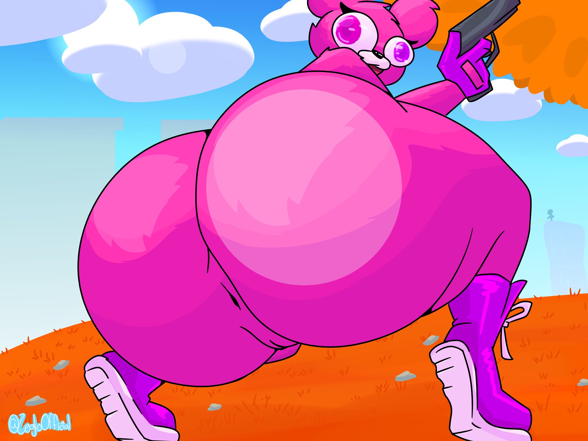 1girls, anthro, anthrofied, anus, ass, big ass, big butt, cuddle team leader, edit, epic games, female, fortnite, fortnite: battle royale, gun, hegiowilliam, looking at viewer, pink eyes, presenting hindquarters, pussy, tagme, zeglo-official