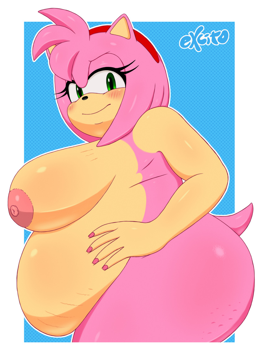 2021, absurd res, accessory, amy rose, anthro, areola, ass, big ass, big breasts, big butt, black nose, blue background, blush, breasts, bubble butt, cellulite, colored nails, countershading, digital media (artwork), eulipotyphlan, excito, fat, fat female, female, green eyes, hair, hair accessory, hairband, hedgehog, hi res, huge ass, huge butt, looking at viewer, mammal, morbidly obese, morbidly obese anthro, morbidly obese female, nails, nipples, obese, obese anthro, obese female, overweight, overweight anthro, overweight female, pink areola, pink body, pink hair, pink nails, pink nipples, pink skin, portrait, side view, signature, simple background, solo, sonic (series), sonic the hedgehog (series), stretch marks, tan countershading, three-quarter portrait