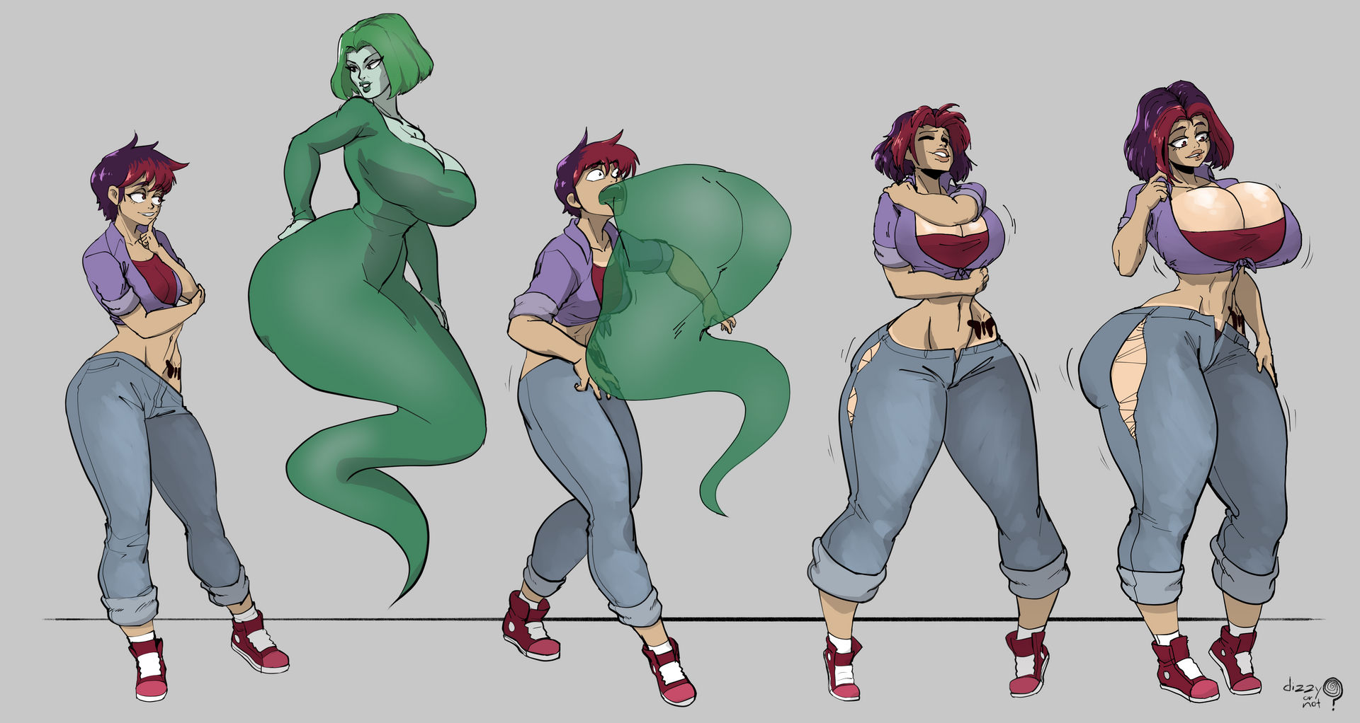 2girls, ass, ass expansion, bimbo, bimbofication, body invasion, breast expansion, breast growth, breast growth (enlargement), breasts, dizzyornot (artist), female, ghost, hair growth, huge ass, huge breasts, navel, oral possession, possession, thick thighs, transformation, transformation sequence, vore, wide hips