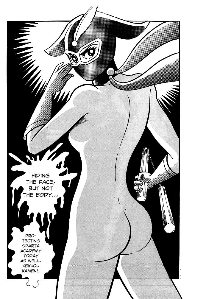 1girls 70s ass back back_view bare_ass breasts comic curvaceous english_text female gloves go_nagai greyscale human kekko_kamen kekko_kamen_(character) large_breasts manga mask monochrome naked nude nude_female nunchaku scarf sideboob superheroine text thick_thighs wide_hips