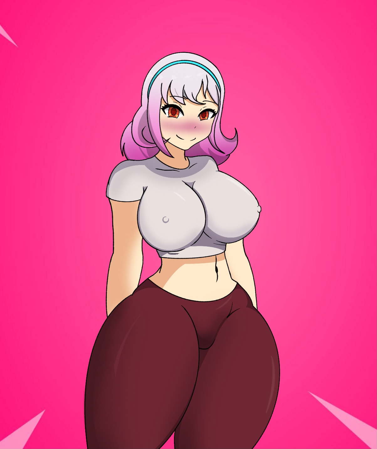 artist request, belly button, blue hairband, blush, blushing, blushing at viewer, clothed, crop top, edit, eyebrows visible through hair, female, fortnite, fortnite: battle royale, grey hair, hands behind back, lexa (fortnite), looking at viewer, nipples, nipples visible through clothing, og lexa (fortnite), pale skin, pink highlights, red eyes, solo, solo female, tagme, thick thighs, thighs, white hair