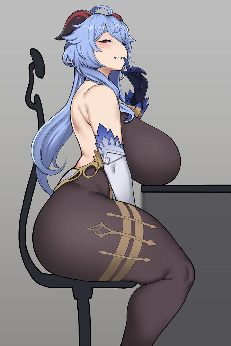 1girls ass blue_hair blush breasts cham22 chamchami clothed ganyu_(genshin_impact) genshin_impact horns huge_breasts long_hair looking_at_viewer simple_background sitting smile thick_thighs