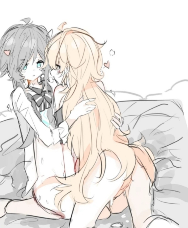 2boys, aether (genshin impact), ass, black hair, blonde hair, braids, ear piercing, exposed ass, femboy, genshin impact, gold eyes, green eyes, long hair, male, male only, twink, venti (genshin impact), yaoi