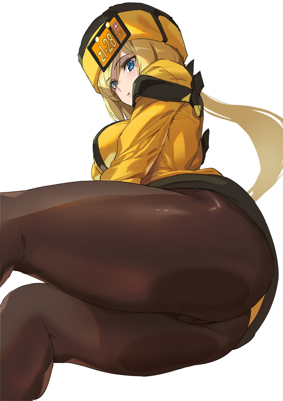 arc_system_works ashiomi_masato ass big_ass blonde_hair blue_eyes clothed coat crossed_arms dat_ass from_below guilty_gear guilty_gear_xrd hat looking_at_viewer looking_down millia_rage pantyhose simple_background sitting skirt solo solo_focus thick_thighs very_long_hair