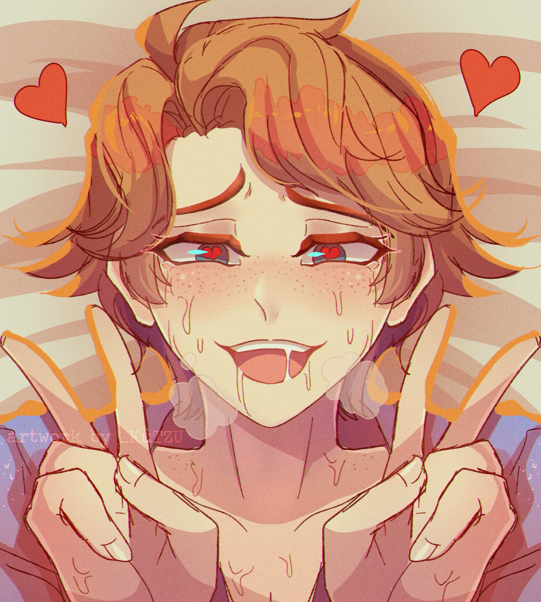  kutzu, 1boy, ahe gao, clothed, clothed male, clothing, digital art, digital drawing (artwork), digital media (artwork), femboy, fnf, friday night funkin, gay, heart-shaped pupils, male, male focus, male only, male pov, open eyes, open mouth, open shirt, open smile, orange hair, pov, pov eye contact, saliva, senpai (friday night funkin), shirt open, smile, sweat, tagme, twink, v sign, yaoi
