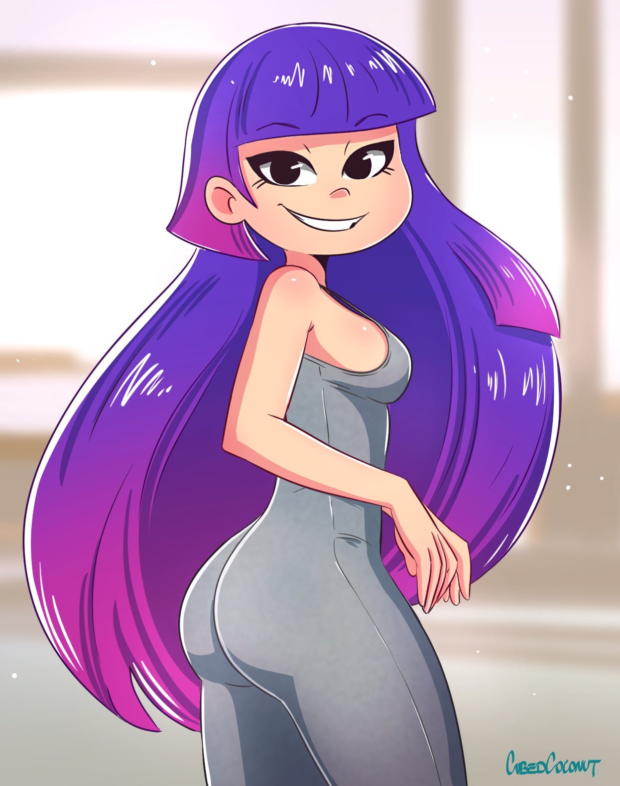 artist name, asian, ass, bangs, black eyes, bodysuit, cubedcoconut, cute, eyebrows visible through hair, female, female only, glitch techs, grey bodysuit, long hair, looking back, miko kubota, netflix, nickelodeon, no eyewear, pink hair, purple hair, smooth skin, solo, two-tone hair, yoga pants