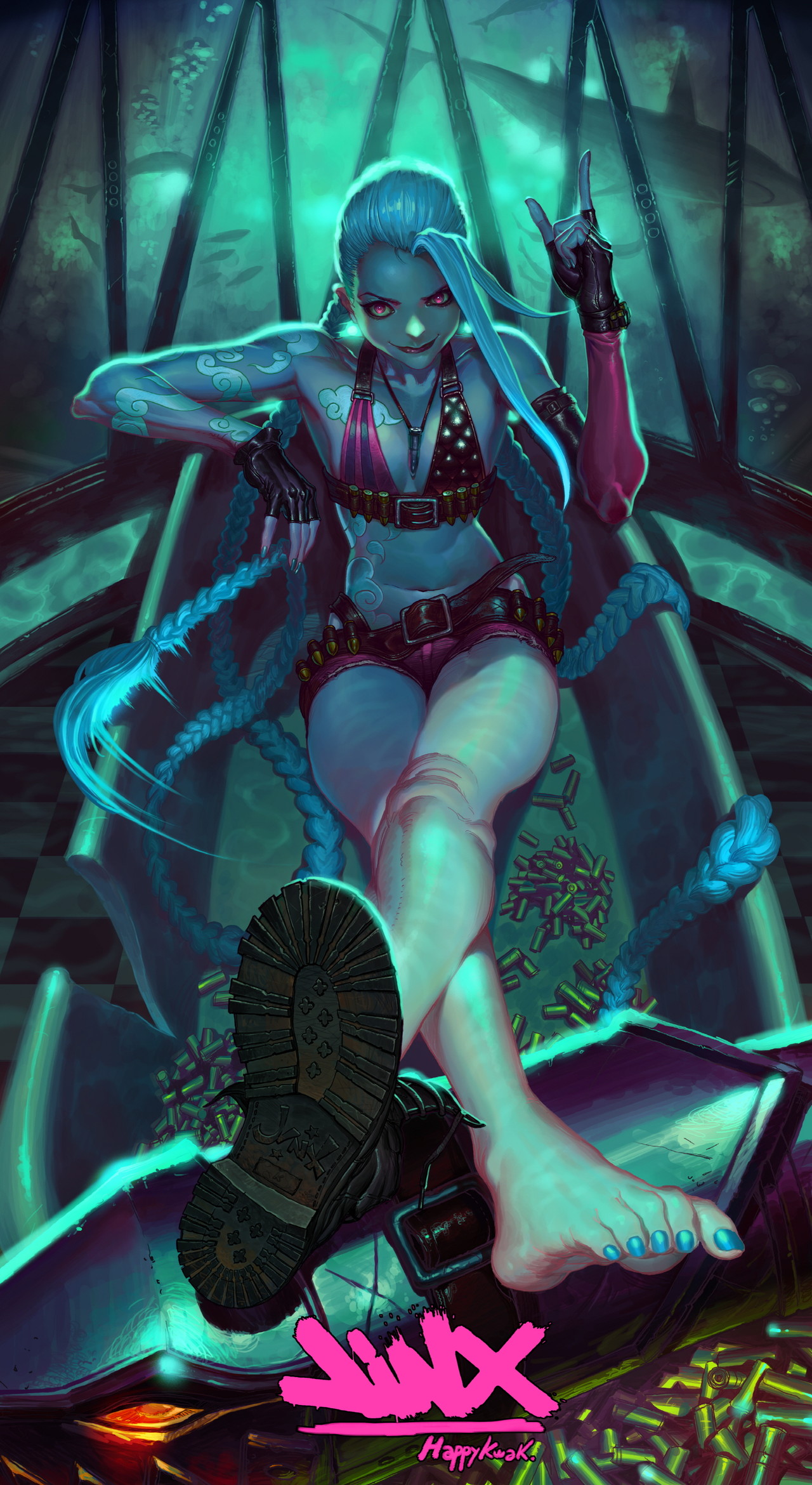 barefoot, blue hair, blue nail polish, blue nails, boot, braids, crossed legs, feet, female, jinx (league of legends), league of legends, legs crossed, nail polish, painted nails, painted toenails, purple eyes, tagme, toes