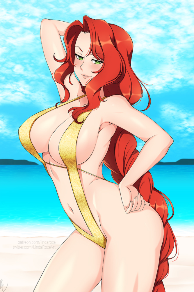 1girls, alternate costume, arm up, beach, braid, braided ponytail, breasts, cleavage, clouds, commentary, commission, female, fire emblem, fire emblem: path of radiance, fire emblem: radiant dawn, green eyes, hand on hip, horizon, large breasts, lindaroze, long hair, long red hair, looking at viewer, midriff, milf, navel, nintendo, ocean, one-piece swimsuit, outdoors, ponytail, pose, red hair, sand, seductive, seductive smile, sideboob, single braid, sky, slingshot swimsuit, smile, smirk, solo, solo female, standing, swimsuit, titania (fire emblem), very long hair, water, yellow one-piece swimsuit, yellow swimsuit