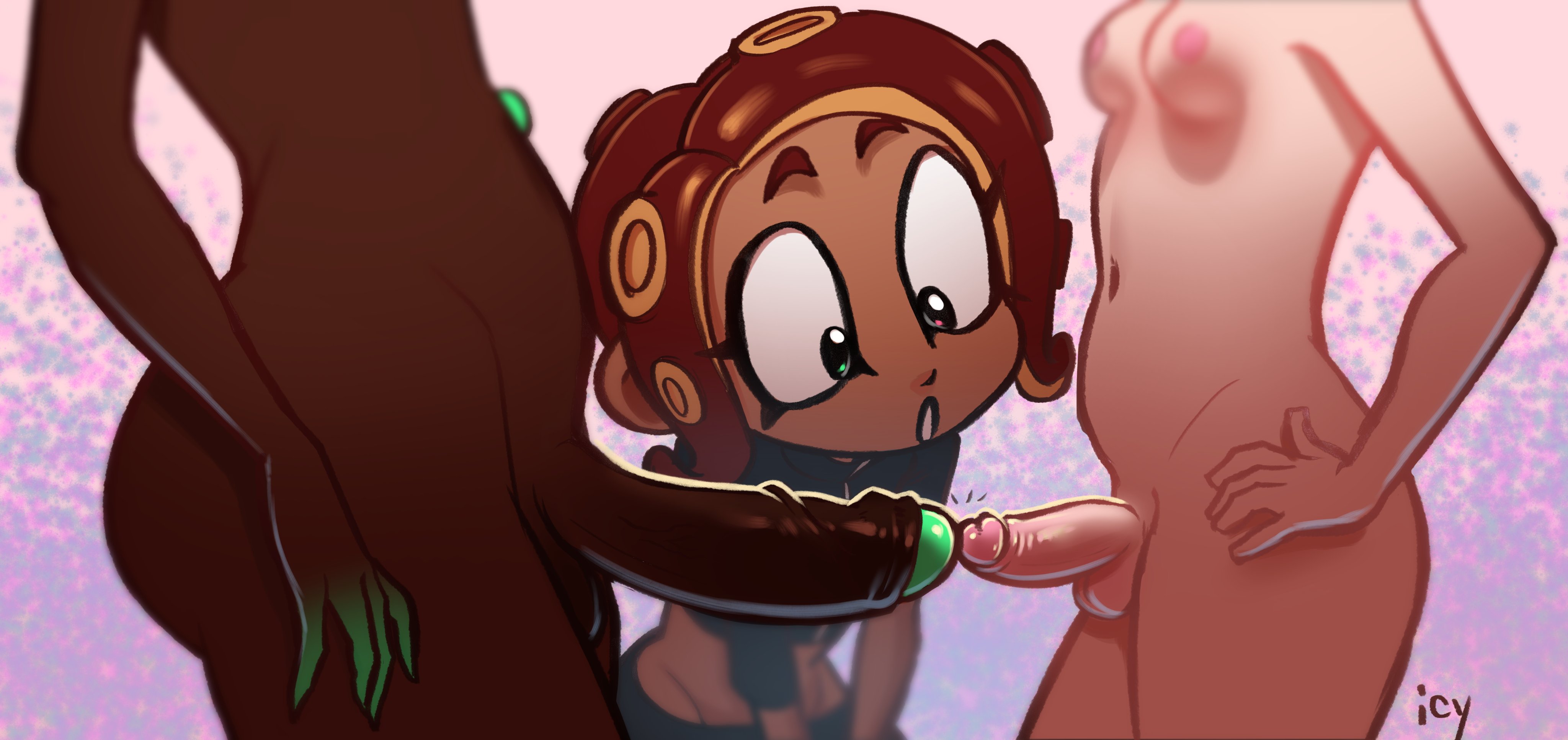 1girls, 2futas, agent 8 (splatoon), areolae, balls, big penis, dark skin, dark-skinned futa, erection, female, foreskin, futa with futa, futanari, inkling, intersex, iseenudepeople, light skin, light-skinned futa, looking at penis, marina (splatoon), nintendo, nipples, octoling, pearl (splatoon), penis, penis awe, penis size comparison, penis size difference, penises touching, pink nipples, small penis, splatoon, splatoon 2, standing, testicles, thick penis, trans woman, transfem, uncircumcised, uncut