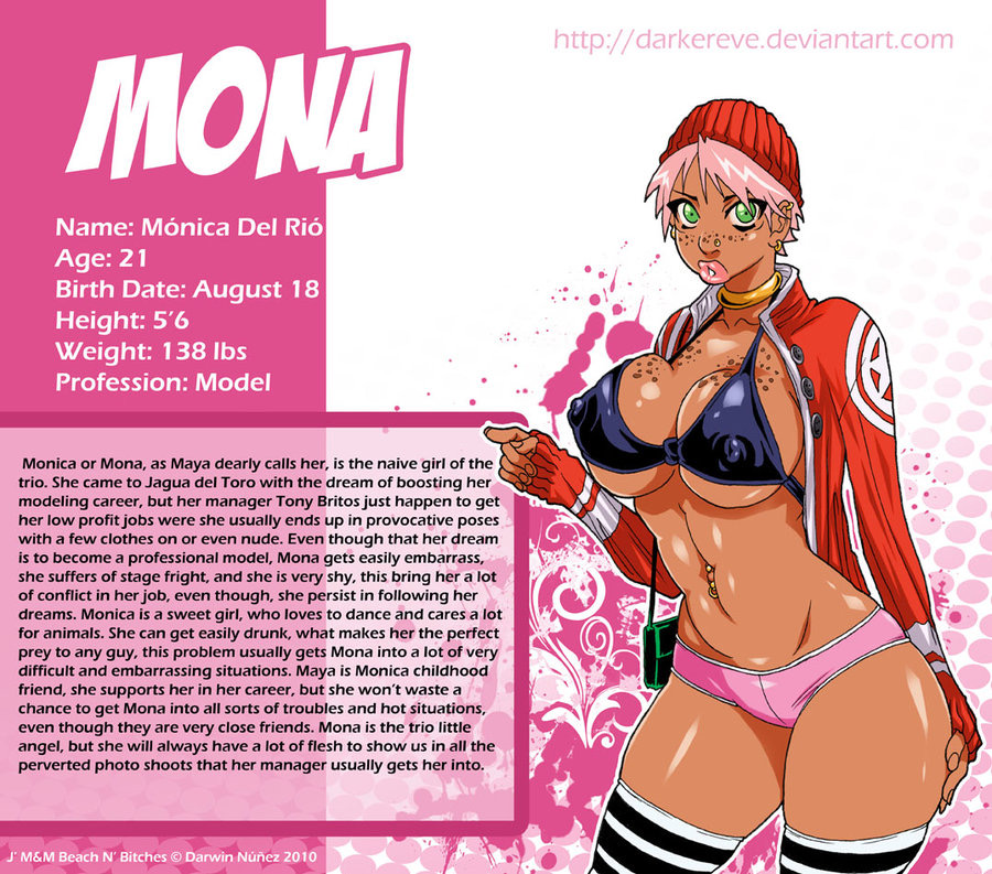 big_breasts character_profile character_sheet darkereve green_eyes green_purse jacket_open jagua_tales lime_eyes monica_del_rio nipple_bulge nipple_pinch pin-up pin_up pink_background pink_hair pink_lips pink_lipstick pink_shorts pinup purse red_hat red_jacket stockings striped_stockings thigh_highs thighhighs thighs