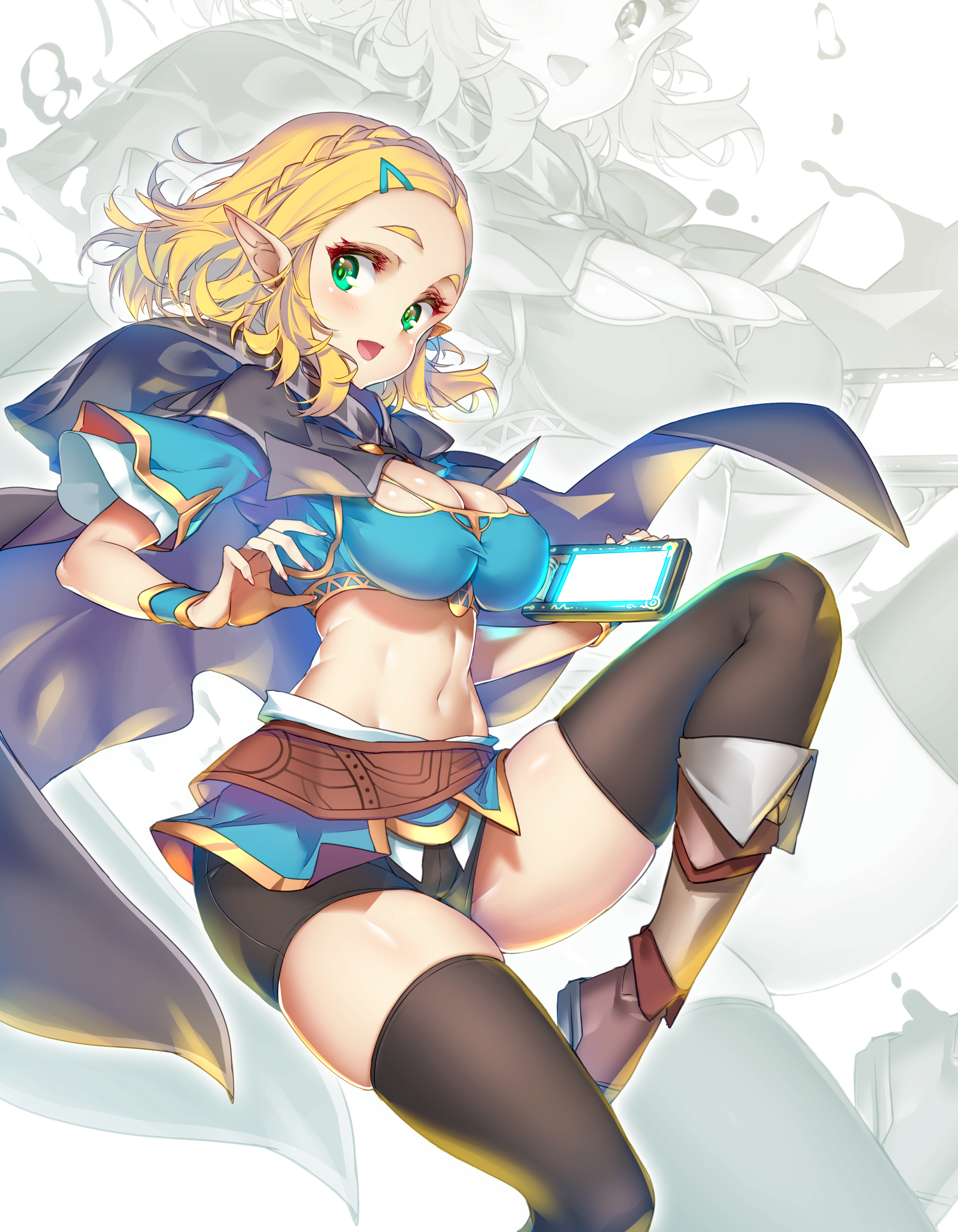 blonde hair, breath of the wild, female, hong (white spider), looking at viewer, princess zelda, tagme, tears of the kingdom, the legend of zelda, thighhighs, thighs, zelda (tears of the kingdom)