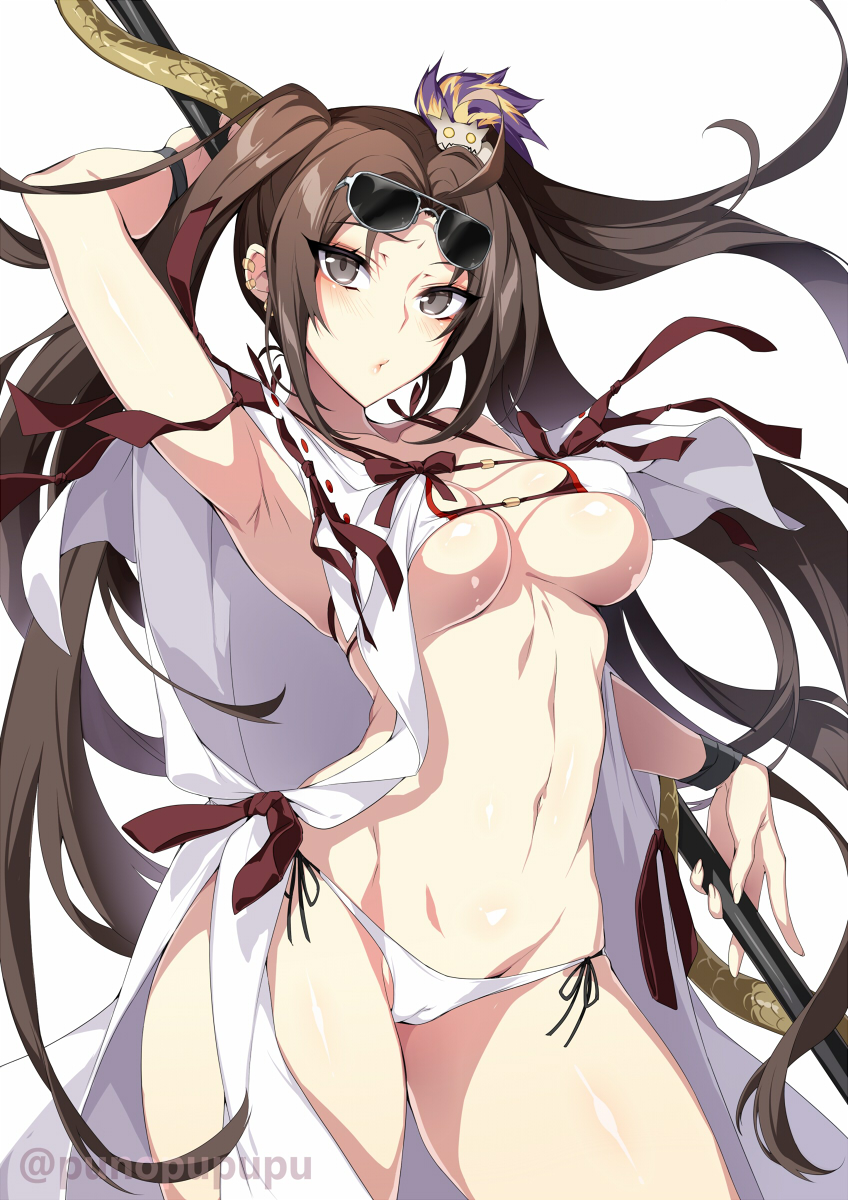 1girls 2021 :o ahoge alternate_costume alternate_hairstyle arm_up armpits bikini blush blushing_at_viewer breasts brown_eyes brown_hair cameltoe fate/grand_order fate_(series) female female_focus female_only front_view hair_ornament long_hair looking_at_viewer medium_breasts outerwear posing_with_weapon punopupupu shiny_skin side-tie_bikini spear sunglasses sunglasses_on_head swimsuit thick_thighs thighs toned toned_female toned_stomach twintails underboob weapon white_background white_bikini white_outerwear yu_mei-ren_(fate) yu_mei-ren_(swimsuit_lancer) zeroshiki_kouichi