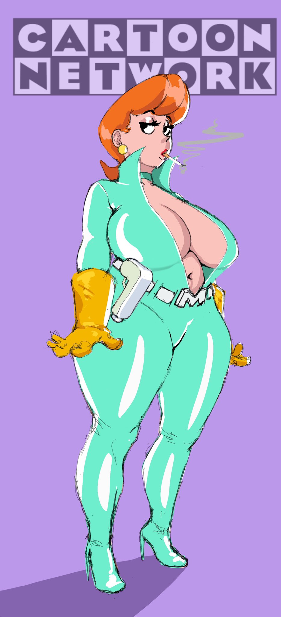 bodysuit, breasts, cartoon network, choker, cigarette, cleavage, dexter's laboratory, dexter's mom, female, gloves, high heels, huge breasts, latex, latex gloves, milf, orange hair, rubber gloves, short hair, skin tight, tagme, thick thighs, yellow gloves, zetomeso
