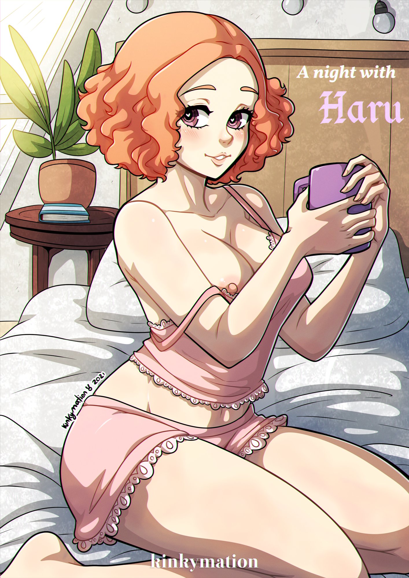 blush, clothing, female, haru okumura, heart-shaped pupils, human, kinkymation, looking at viewer, nightgown, nipple slip, on bed, persona, persona 5