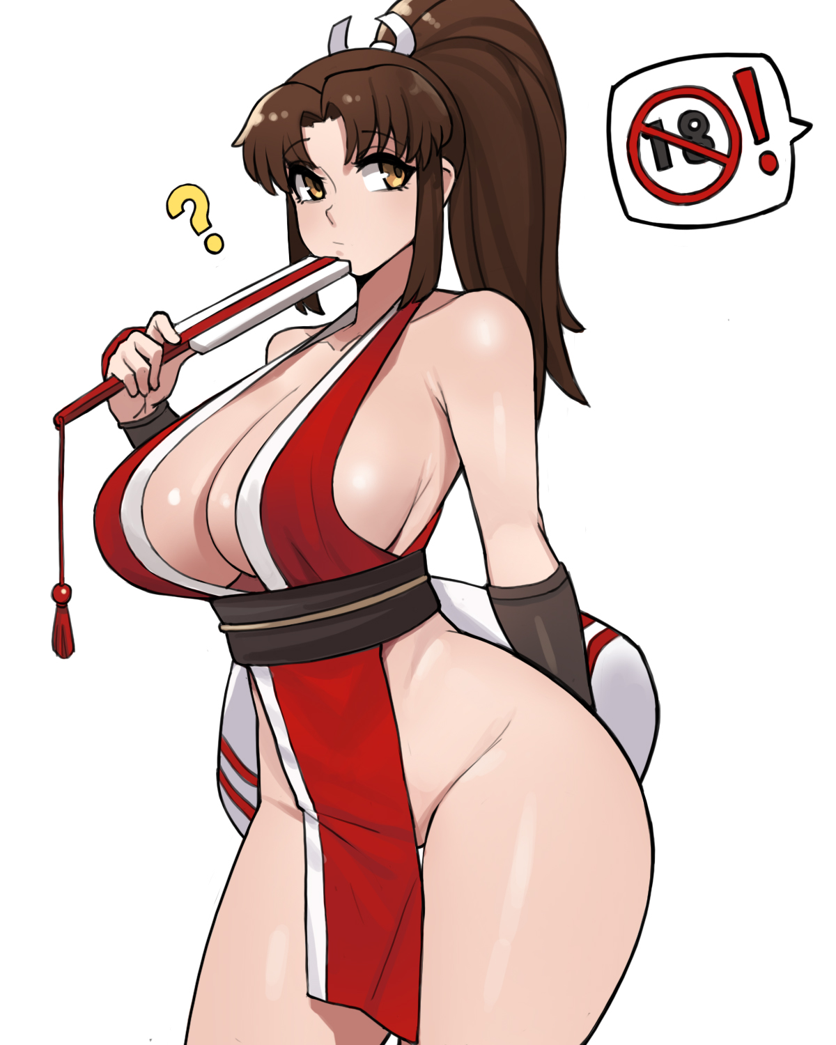 !, ?, arm behind back, bangs, bare shoulders, breasts, brown eyes, brown hair, closed mouth, collarbone, cowboy shot, donburikazoku, eyebrows visible through hair, fan, fatal fury, female, groin, hand up, high ponytail, highres, holding, holding fan, japanese clothes, king of fighters, long hair, looking to the side, mai shiranui, no bra, no panties, obi, parted bangs, pelvic curtain, revealing clothes, sash, shiny, shiny hair, shiny skin, sidelocks, simple background, snk, solo, spoken exclamation mark, standing, thick thighs, thighs, white background, wide hips