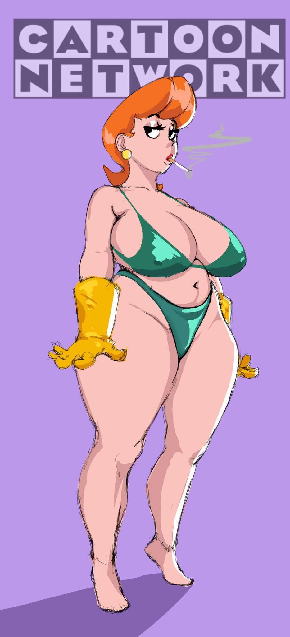 barefoot big_breasts bikini boobs cartoon_network cigarette dexter's_laboratory dexter's_mom female gloves huge_breasts milf orange_hair rubber_gloves short_hair tagme thick_thighs yellow_gloves zetomeso