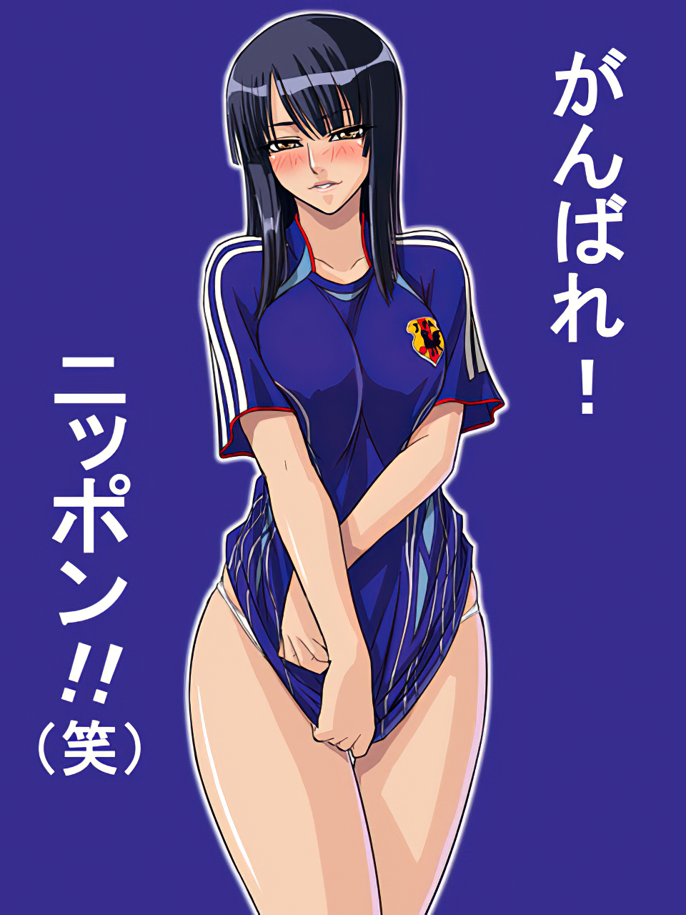 1girls, bare legs, black hair, blush, bottomless, cheering, covering crotch, female, female focus, female only, japan, kagami hirotaka, long hair, looking at viewer, nico robin, no pants, one piece, panties, parted lips, pre-timeskip, purple background, purple theme, simple background, soccer, solo, standing, translated, underwear, white panties, world cup, yellow eyes