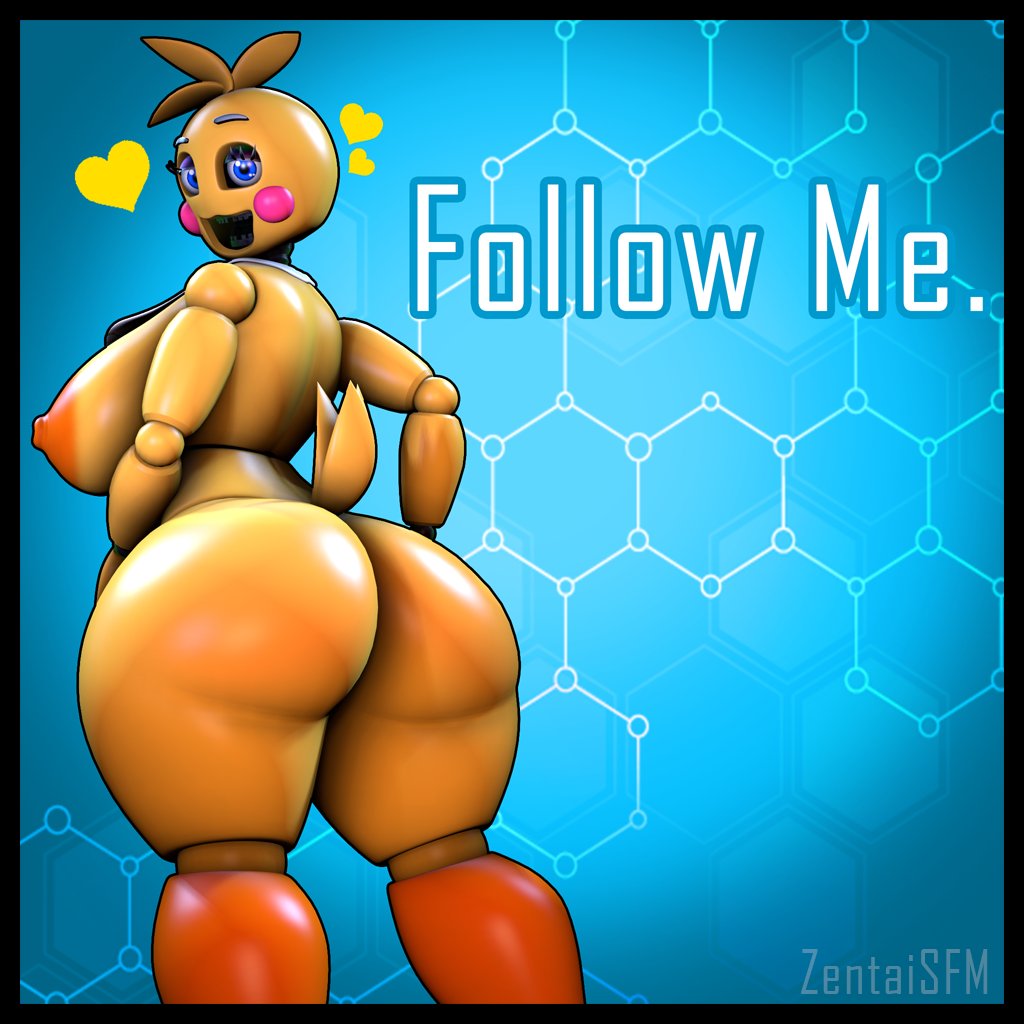 3d, 3d (artwork), animatronic, ass, big ass, big breasts, big butt, blue background, blue eyes, breasts, chicken, feathers, female, five nights at freddy's, five nights at freddy's 2, heart, huge ass, huge breasts, huge butt, huge toy chica, large ass, large breasts, large butt, robot, runaboo chica, sfm, sideboob, solo, source filmmaker, text, toy chica (fnaf), yellow body, yellow skin, zentaisfm