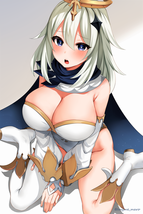 1girls 2020 alternate_breast_size big_breasts blue_eyes blush boots breasts cleavage genshin_impact huge_breasts looking_at_viewer marota_(imyme_maro) open_mouth paimon_(genshin_impact) silver_hair solo solo_female tagme