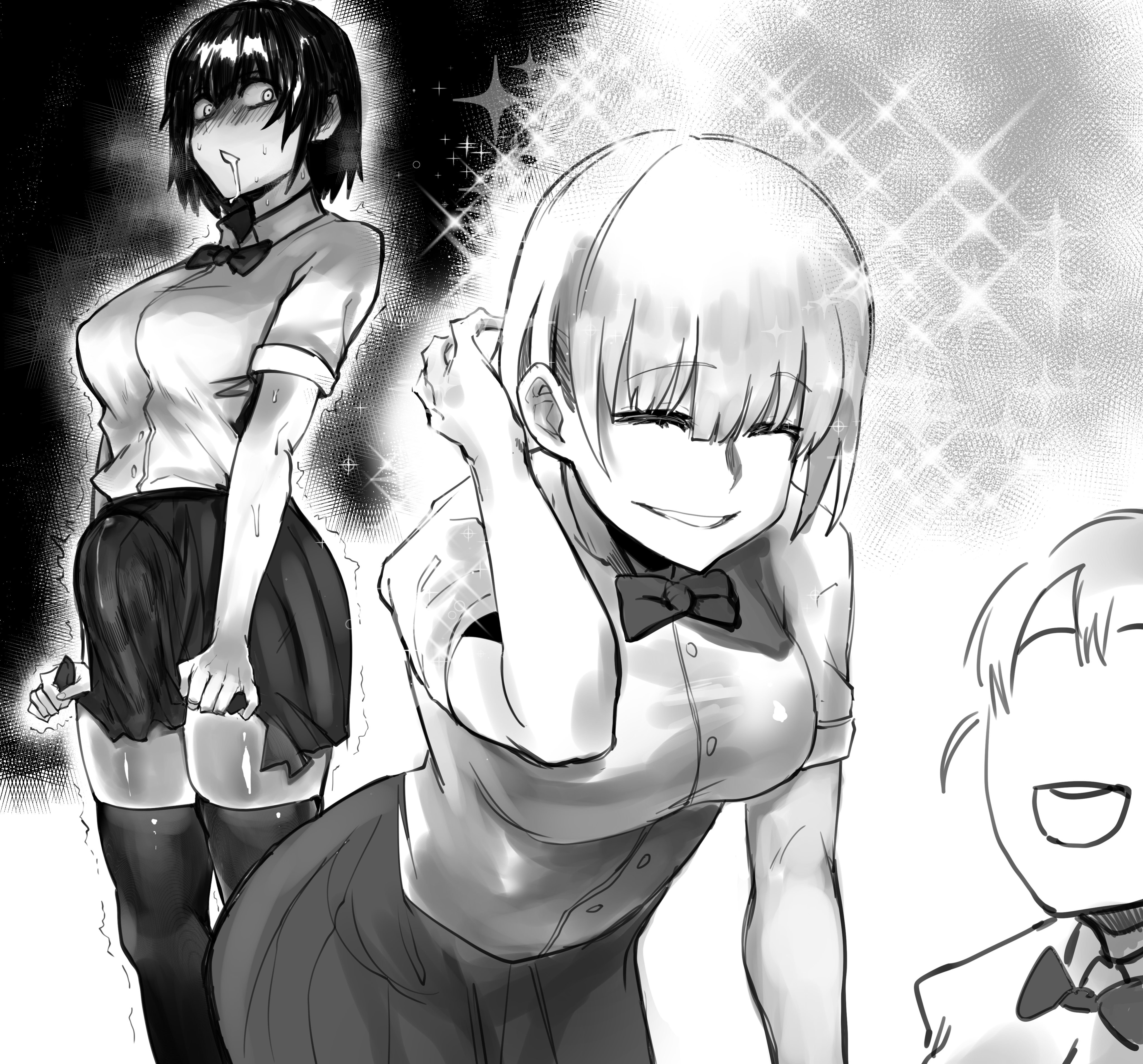 1futa, 2girls, bent over, black hair, blazered00, breasts, bulge, closed eyes, clothed, clothing, clutching skirt, drooling, duo focus, erection, erection under clothes, erection under skirt, female, fully clothed, futanari, horny, human, intersex, looking at another, monochrome, precum, precum through clothing, school uniform, short hair, skindentation, skirt, skirt pull, smile, standing, sweat, thighhighs, twitch lines, unaware, wide eyed