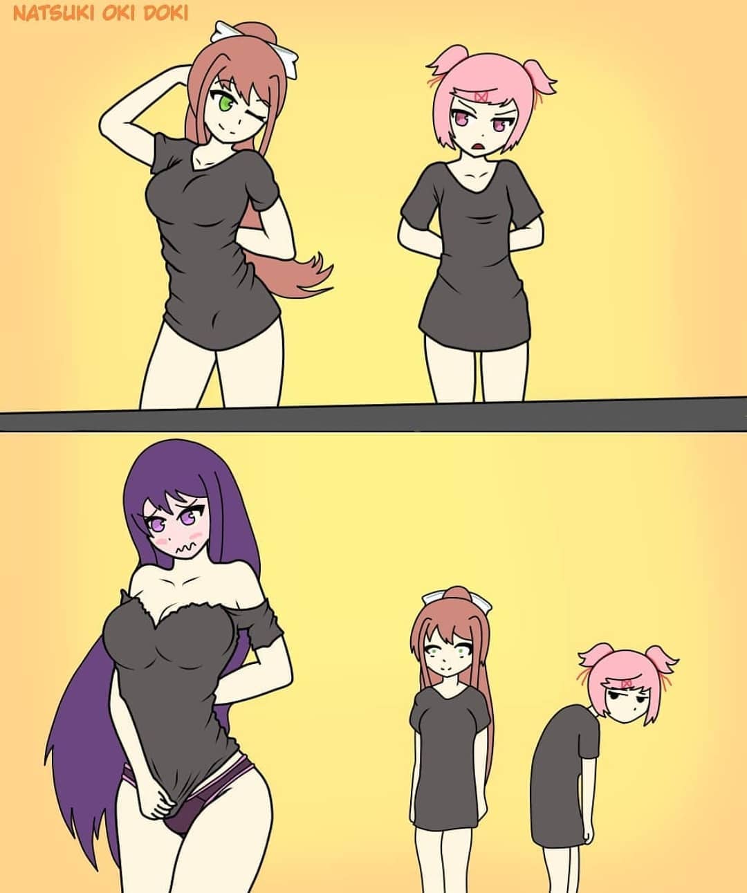 3girls, black shirt, blush, breast size difference, breasts, brown hair, curvy, curvy female, curvy figure, doki doki literature club, embarrassed, female, female only, green eyes, jealous, medium breasts, monika (doki doki literature club), multiple females, multiple girls, natsuki (doki doki literature club), natsuki oki doki, panties, pink eyes, pink hair, ponytail, pulling shirt, purple eyes, purple hair, purple panties, ribbon, shirt, short hair, size difference, small breasts, thick, tight clothes, tight clothing, tight shirt, white ribbon, yuri, yuri (doki doki literature club)