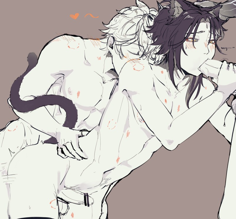 3boys, anal, animal ears, animal tail, arm markings, bite, bite mark, blush, bruise, cat boy, cat ears, cat tail, catboy, censored, childe (genshin impact), cocoa ru2, dark hair, gay, genshin impact, hickey, light hair, male, male only, oral, spitroast, tartaglia (genshin impact), threesome, xiao (genshin impact), yaoi, zhongli (genshin impact)